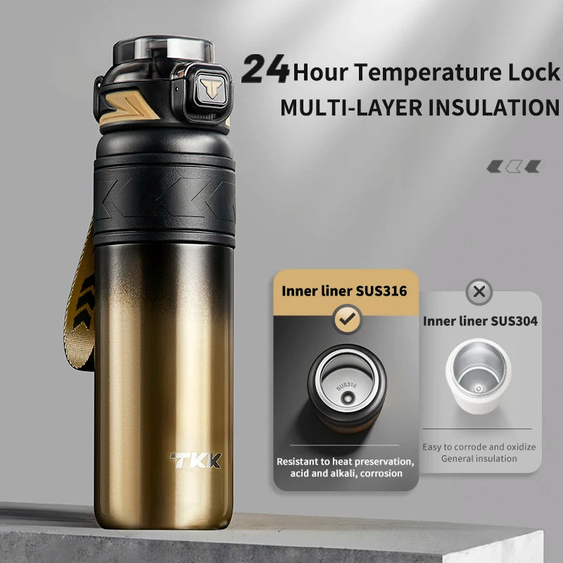 TKK Thermal Keeper Bottle in Black and Gold 24 hour temperature lock