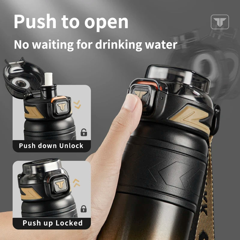 TKK Thermal Keeper Bottle in Black and Gold push to open with locking mechanism